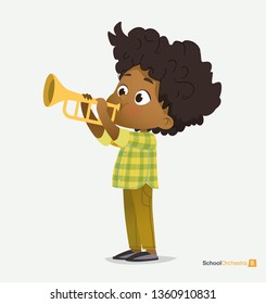 Curly Afro American Boy in Green Shirt Play on Trumpet. Funny Music Star. Kid Cultural Jazz Concert. Teenage Acoustic Entertainment. Fashionable Green Shirt Flat Cartoon Vector Illustration