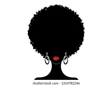 curly afro hair, portrait African Women , dark skin female face with curly hair afro, ethnic traditional earrings and sexy red lips, hair style concept, vector isolated or white background 