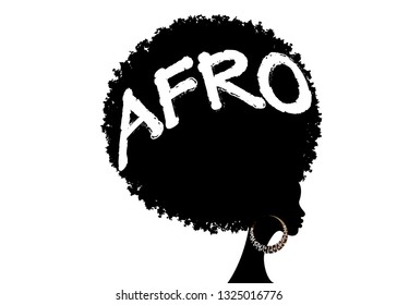 curly afro hair, portrait African Women , dark skin female face with curly hair afro, ethnic traditional earrings, hair style concept, Afro grunge text, vector isolated or white background