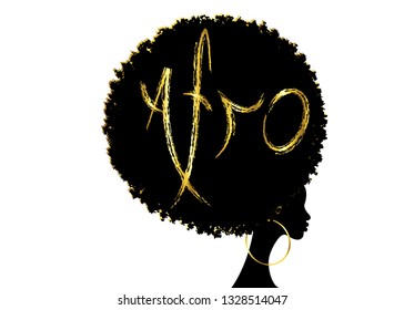 curly afro hair, portrait African Women , dark skin female face with curly hair afro, ethnic traditional golden earrings, hair style concept, Afro grunge gold text, vector isolated or white background