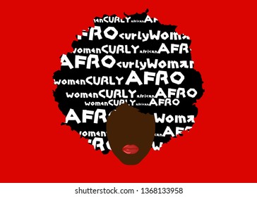 curly afro hair, portrait African Woman, dark skin female face with ethnic traditional hair curly and red lips, cartoon style and white text, hair style concept, vector isolated or red background