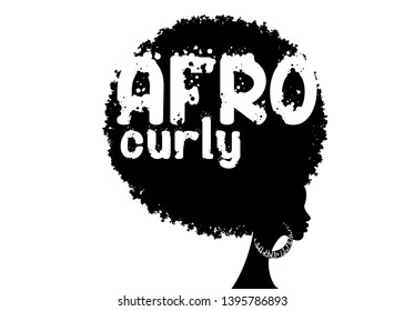 curly afro hair, portrait African Women , dark skin female face with curly hair afro, ethnic traditional earrings, hair style concept, Afro grunge text, vector isolated or white background