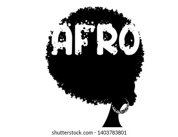 curly afro hair, portrait African Women , dark skin female face with curly hair afro, ethnic traditional earrings, hair style concept, Afro grunge text, vector isolated or white background
