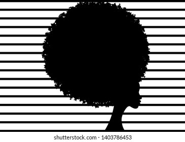 curly afro hair, portrait African Women , dark skin female face with curly hair afro, silhouette ethnic traditional coiffure, hairstyle concept, vector isolated or striped background