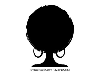 curly afro hair, portrait African Woman concept, black logo icon, dark skin female face with curly hair afro, ethnic traditional earrings, hair style concept, vector isolated or white background 