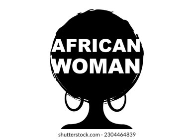 curly afro hair, portrait African Woman concept, black logo icon, dark skin female face with curly hair afro, ethnic traditional earrings, hair style concept, vector isolated or white background