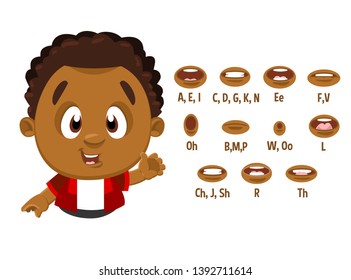 Curly afro-american boy in red shirt shows to set of mouth, teeth positions. Lip sync collection. Can be used for animation. Cartoon vector illustration isolated on white background.