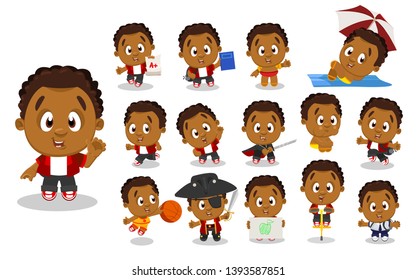 Curly afro-american boy in red shirt, trousers. Guy in different poses and situations: learns, draws, runs, jumps. Full length front and three quater view. Ready to use cartoon set isolated on white.