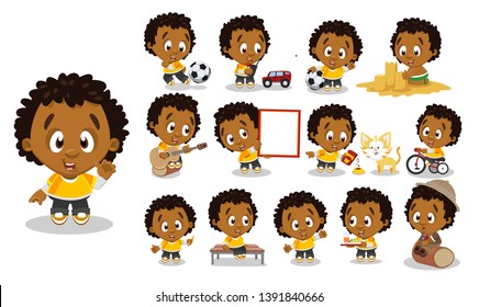 Curly afro-american boy in yellow t-shirt, trousers. Guy in different poses and situations: plays, eats, rides. Full length front and three quater view. Ready to use cartoon set isolated on white.