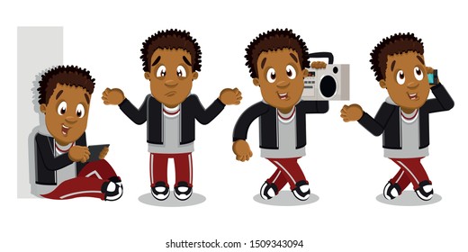 Curly afro-american guy, teen, student looking to tablet, standing, making helpless gesture, going with boom box on shoulder, speaking by smartphone. Vector cartoon set isolated on white background.