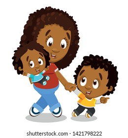 Curly afro-american schoolboy pulling by hand his mother with toddler. African smiling woman going with two children. Vector cartoon illustration isolated on white background.