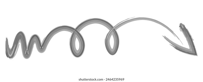Curly arrow. Sketch. Wavy arrow with two loops. Hand drawn watercolor signpost. Vector illustration. The curved sign points to the right and down. Outline on isolated white background. Doodle style. 