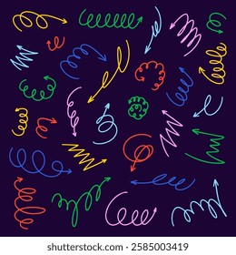 Curly arrows collection. Colorful thin line curved doodle arrow set. Pointers for your design