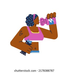 Curly athletic girl with diet bar in hand drinking shaker energy beverage flat style, vector illustration isolated on white background. Sport supplements concept, health and beauty