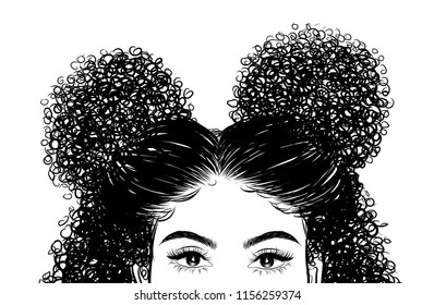 Curly beauty girl illustration isolated on clear background. Double buns with long hair. Hand draw idea for business cards, templates, web, brochure, posters, postcards, salon