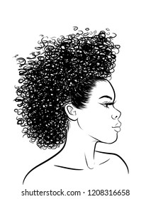 Curly beauty girl illustration isolated on clear background. Double buns with long hair. Hand draw idea for business cards, templates, web, brochure, posters, postcards, salon