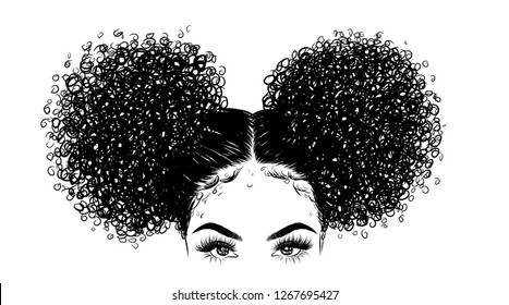 Curly beauty girl illustration isolated on clear background. Double buns with long hair. Hand draw idea for business cards, templates, web, brochure, posters, postcards, salon
