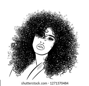 Curly beauty girl illustration isolated on clear background with long hair. Hand draw idea for business cards, templates, web, brochure, posters, postcards, salon