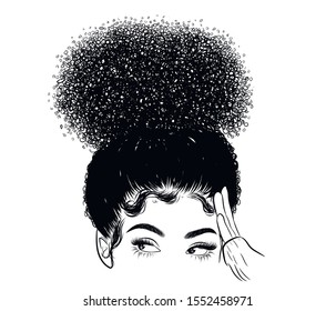 Curly beauty girl illustration isolated on clear background. Hair buns with long hair. Hand draw idea for business cards, templates, web, brochure, posters, postcards, salon