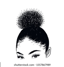 Curly beauty girl illustration isolated on clear background. Hair buns with long hair. Hand draw idea for business cards, templates, web, brochure, posters, postcards, salon