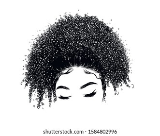 Curly beauty girl illustration isolated on clear background with long hair. Hand draw idea for business cards, templates, web, brochure, posters, postcards, salon