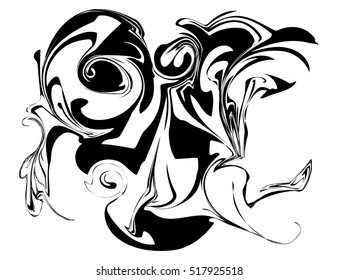 Curly black pattern on white background. Liquid stains ornament.