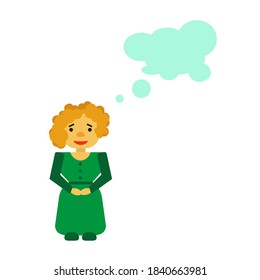 The curly blonde in a green dress and shoes stands and smiles timidly. 