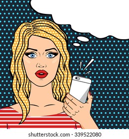Curly blonde woman on phone pop art comic style, thinking bubble for your text