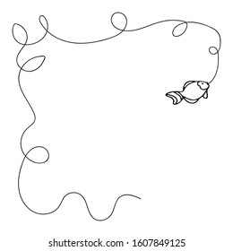 Curly Border Frame. Long Curved Line With Fish. Square Social Media Format Frame. Hand Drawn Vector Illustration In Black Ink Isolated On White Background. Doodle Style.