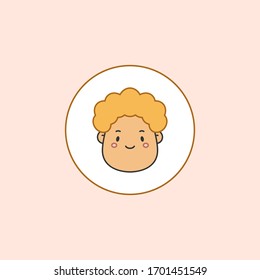 Curly boy. Circle Avatar. Round sticker. Stylish Haircut. Minimalistic Icon. Colorful Outline Vector illustration. Head with wide chin. Isolated on pink. Cartoon Asian style. Simple cute design. 