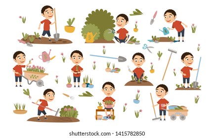 Curly boy gardening plants, weed beds, watering seedlings, pruning bushes and trees, working in the garden. People and garden tools. Vector illustration