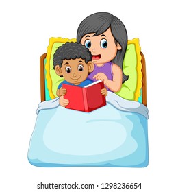 the curly boy is going to sleep and reading the book with his mother