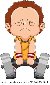 The curly boy is trying to lift the big weight seriously of illustration