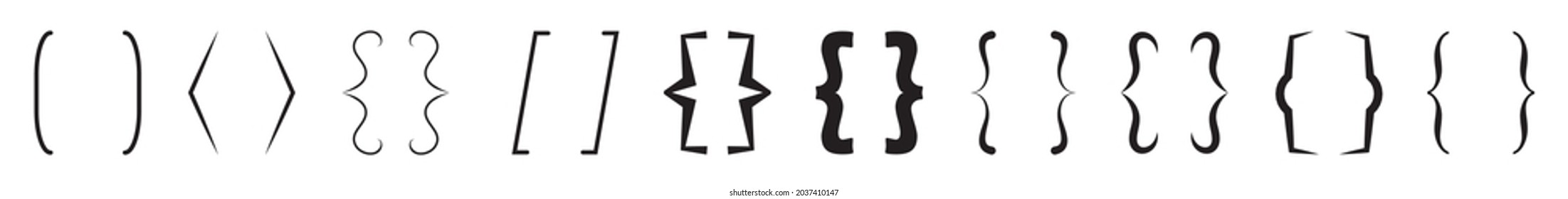 Curly brace set vector. Text brackets collection for messages, quotas. Oval, square, retro parentheses and punctuation shapes. 