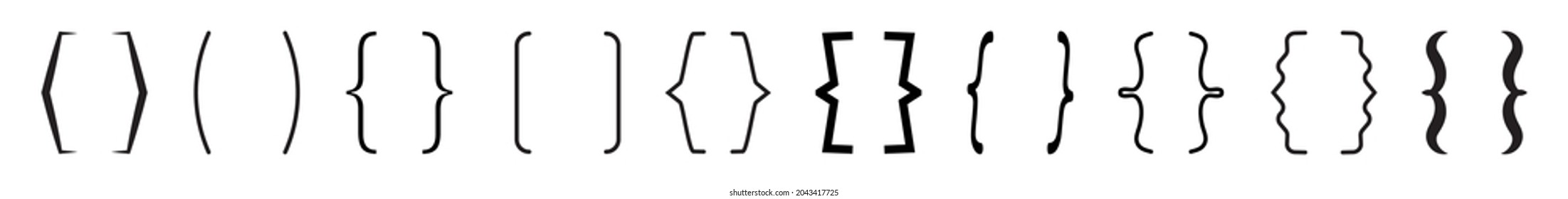Curly brace set vector. Text brackets collection for messages, quotas. Oval, square, retro parentheses and punctuation shapes. 
