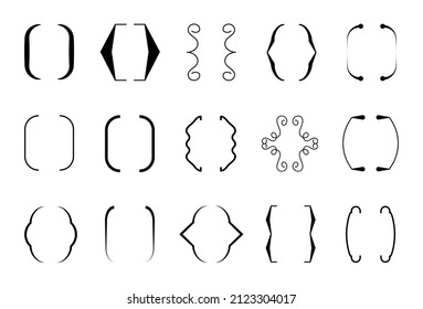 Curly brace set vector. Text brackets collection for messages, quotas. Oval, square, retro parentheses and punctuation shapes. Black frame for text.