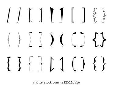 Curly brace set vector. Text brackets collection for messages, quotas. Oval, square, retro parentheses and punctuation shapes. Black frame for text.