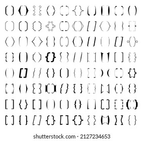 Curly brace set vector. Text brackets collection for messages, quotas. Oval, square, retro parentheses and punctuation shapes. Black frame for text.