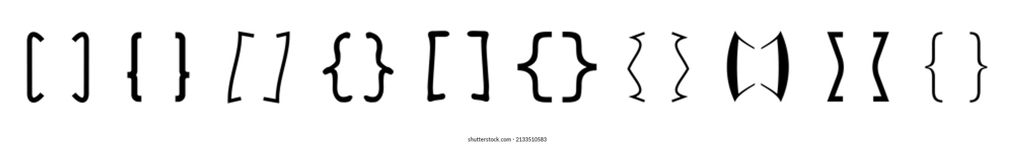 Curly brace set vector. Text brackets collection for messages, quotas. Oval, square, retro parentheses and punctuation shapes. Black frame for text.