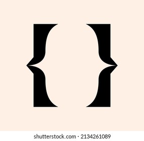 Curly braces punctuation mark black icon. Vintage brackets symbol for typing or typography. Ornament and vector eps isolated alphabet design element concept for messages and quotes