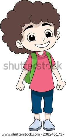 a curly brown haired student going to school with happy face