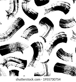 Curly brush strokes seamless pattern. Hand drawn in ink vector wallpaper. Painted abstract texture. Scribble swirl lines and dry stains ornament. 