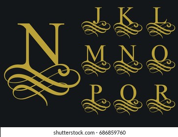Curly caligraphic font , Vintage decorative alphabet, Artistic letter shape. Vector