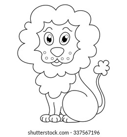 Curly cartoon lion with fluffy mane and kind muzzle. Vector illustration, coloring book page for children