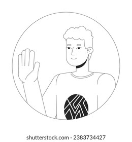 Curly caucasian young man waving happy black and white 2D vector avatar illustration. Saying hello outline cartoon character face isolated. Greeting gesture. Nonverbal flat user profile image