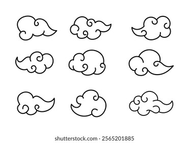 Curly cloud outline vector set illustration