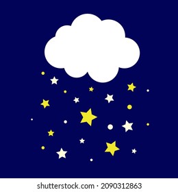 Curly cloud with yellow stars on a dark blue background, flat color vector illustration, design, decoration, icon.