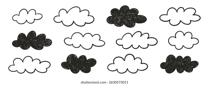 Curly clouds set. Crayon cumulus hand drawn. Textured black line and silhouette cloud shapes in children's style. Chalk pastel doodles of weather elements, kid drawings. Sky vector illustration