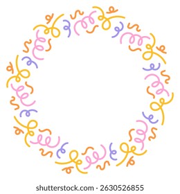 Curly Confetti Joy Frame. Circular fun border formed from playful spirals and curls in party shades. Vector illustration for card and invitation