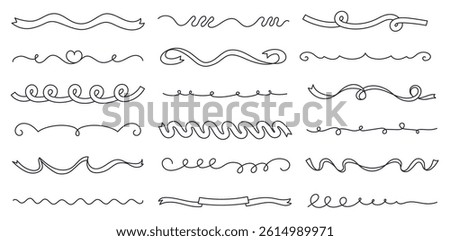 Curly confetti ribbon separator lines. Doodle curl decorative text dividers, hand drawn wavy line borders and sketch swirl underline ribbons. Outline page break graphics vector set.